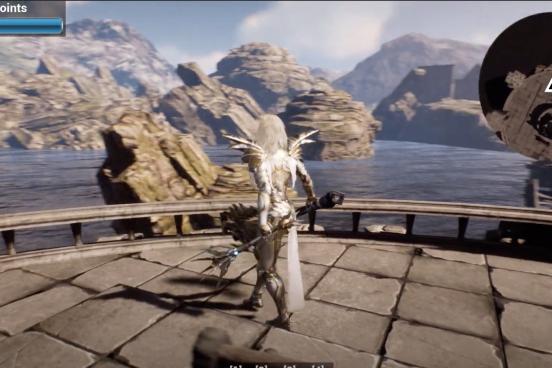 Female game avatar in armor with mace, overlooking a panoramic vista