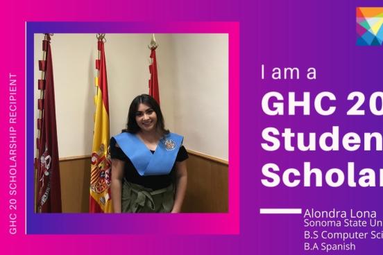 Student headshot in a frame naming her as a GHC20 Student Scholar