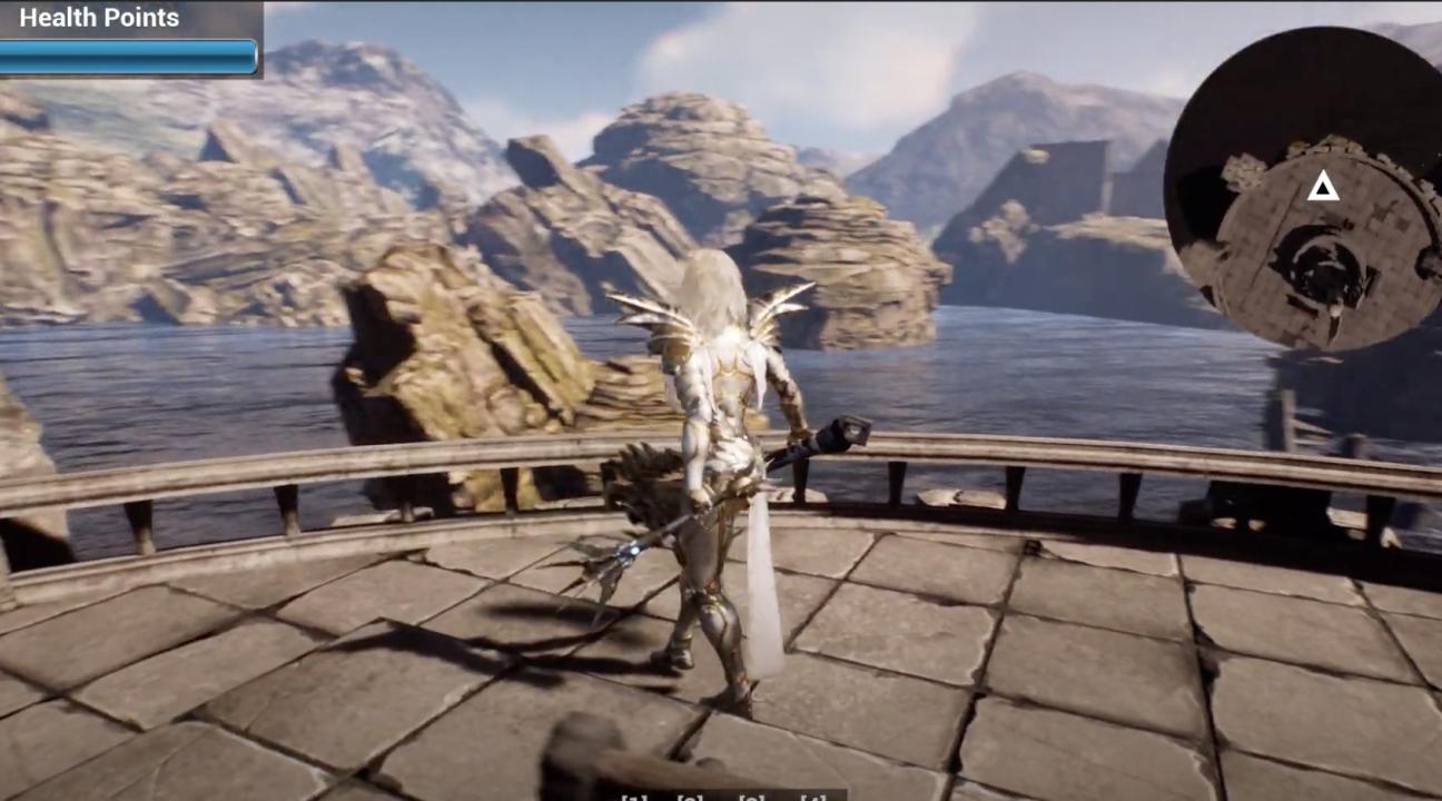 Female game avatar in armor with mace, overlooking a panoramic vista
