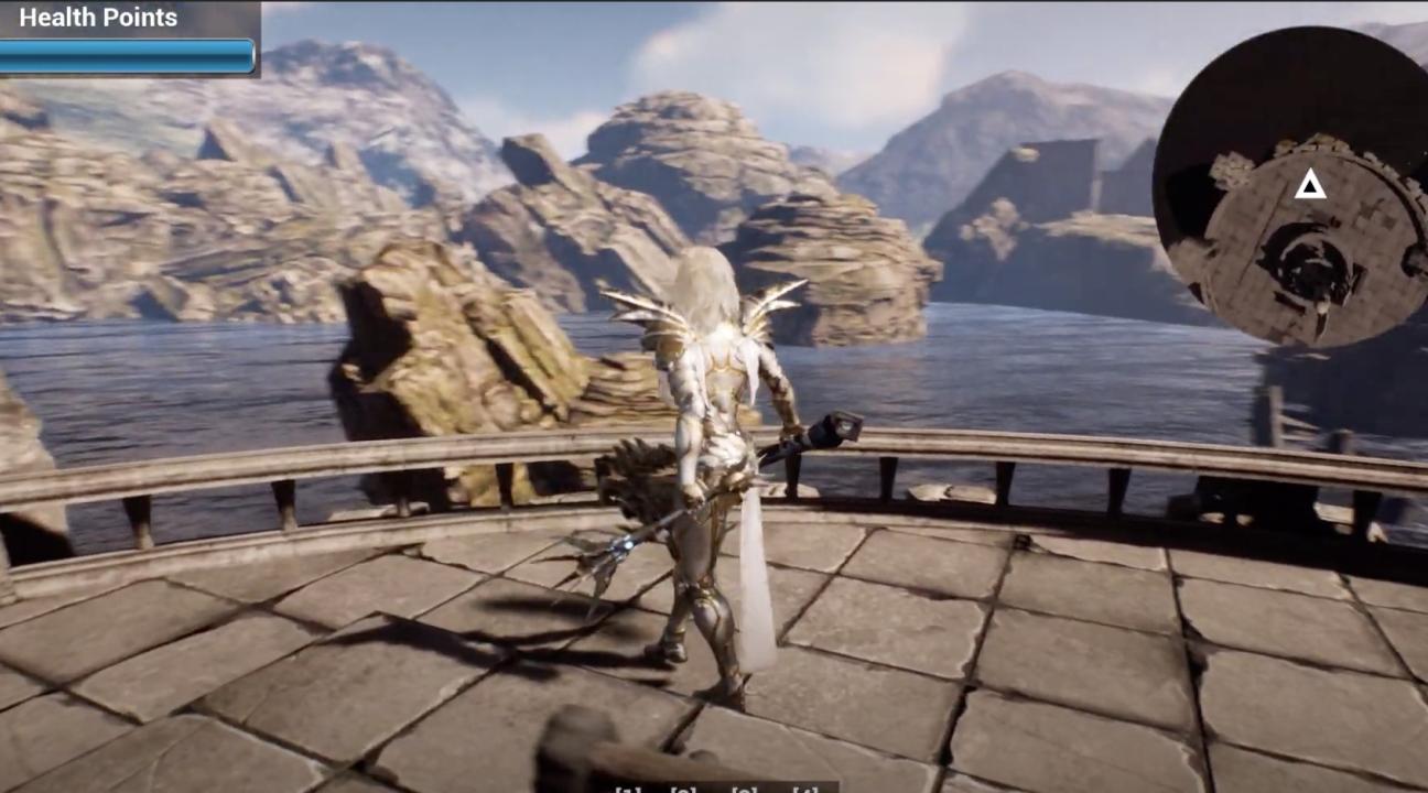 Female game avatar in armor with mace, overlooking a panoramic vista