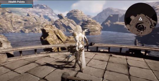 Female game avatar in armor with mace, overlooking a panoramic vista