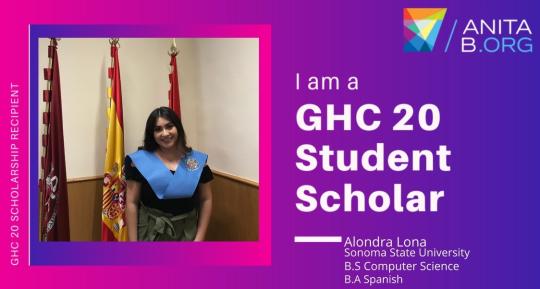 Student headshot in a frame naming her as a GHC20 Student Scholar